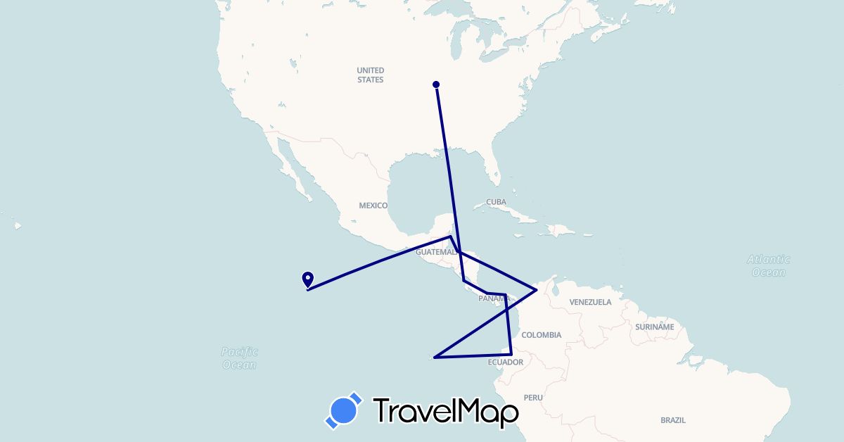 TravelMap itinerary: driving in Belize, Colombia, Ecuador, Honduras, Nicaragua, Panama, United States (North America, South America)